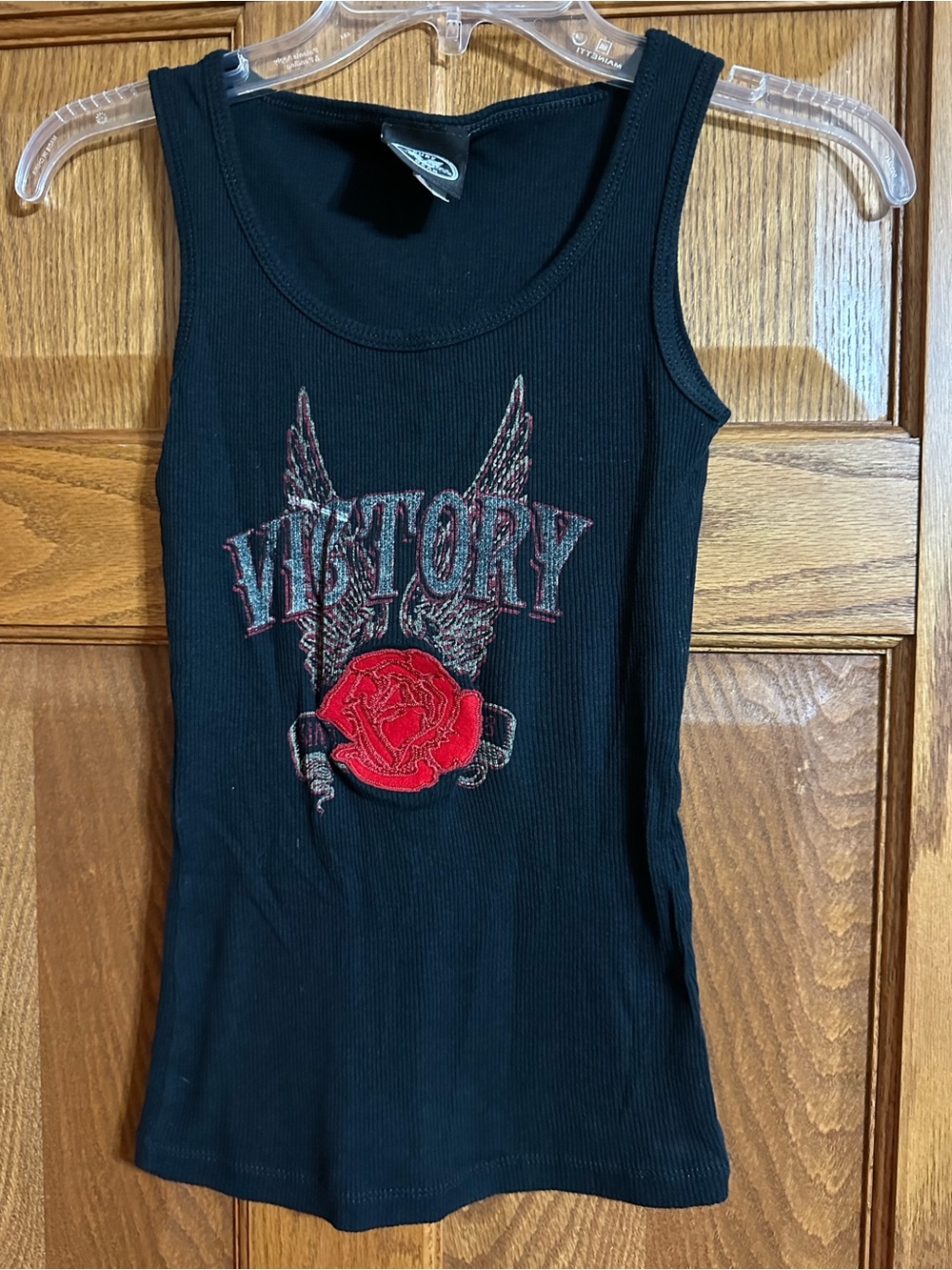 Black Ribbed Tank Top with Red Rose Graphic - Victory